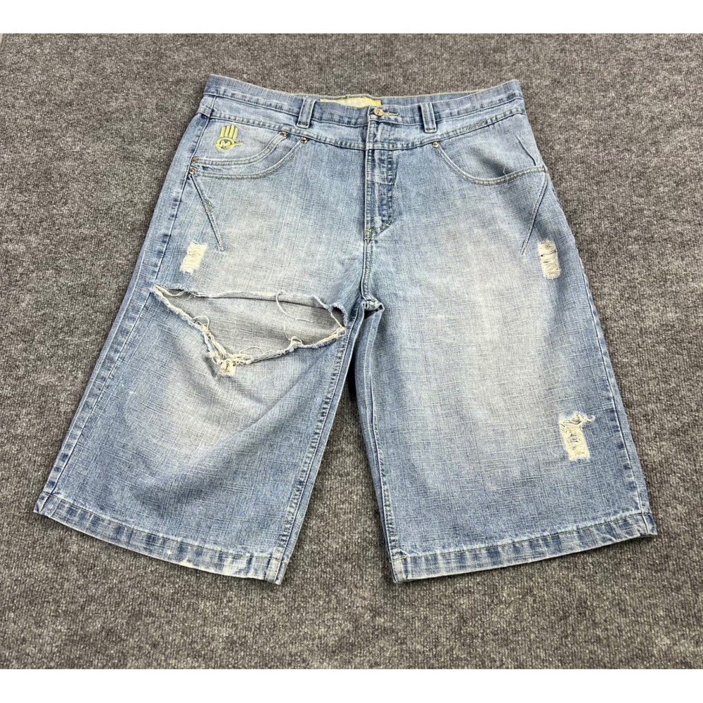 Miskeen Originals Mens Baggy Distressed Denim Shorts Light Wash Y2K Size 34